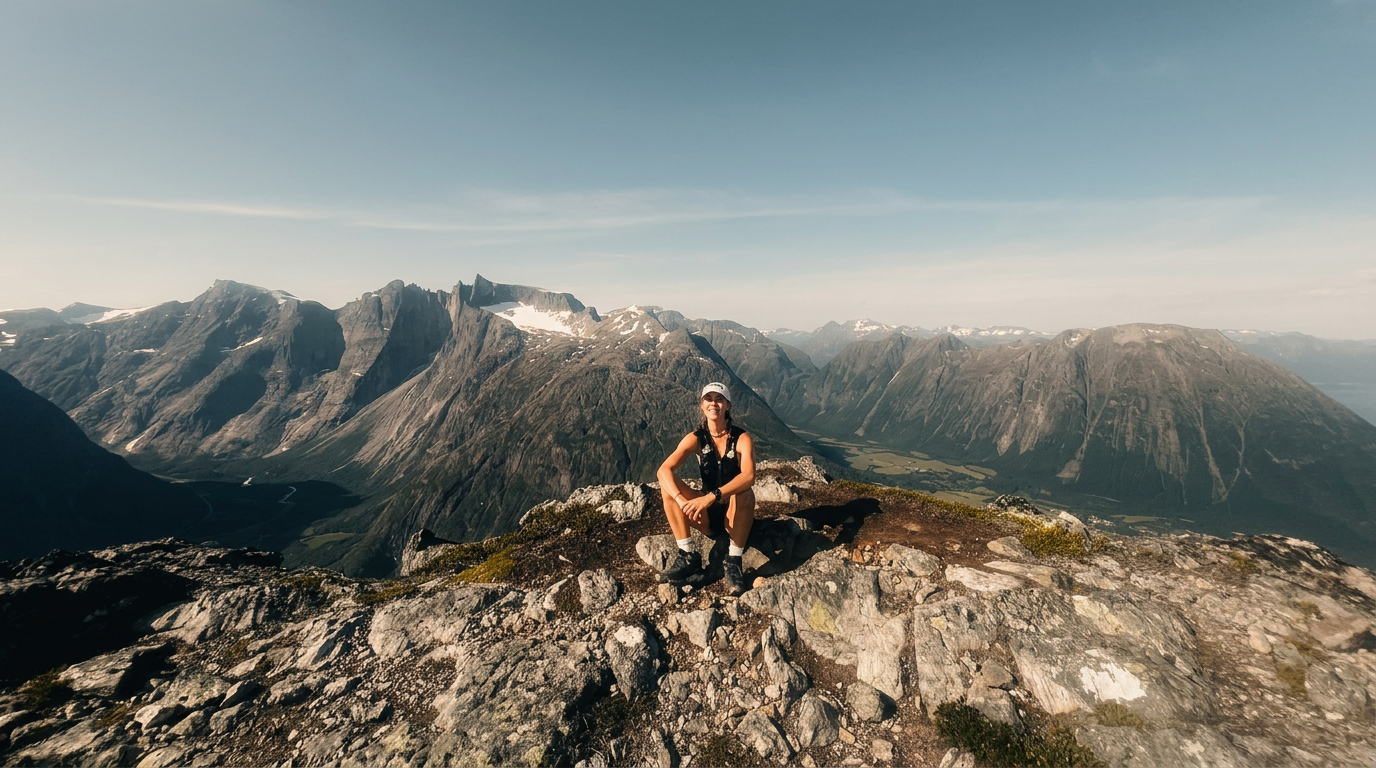 Founder crouching on a rocky Norwegian mountain summit with dramatic fjords behind her